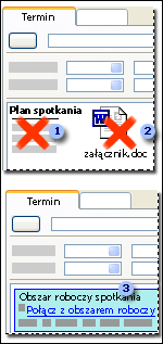 Wezwanie na spotkanie z planem spotkania i załącznikami w zestawieniu z wezwaniem na spotkanie zawierającym łącze do obszaru roboczego